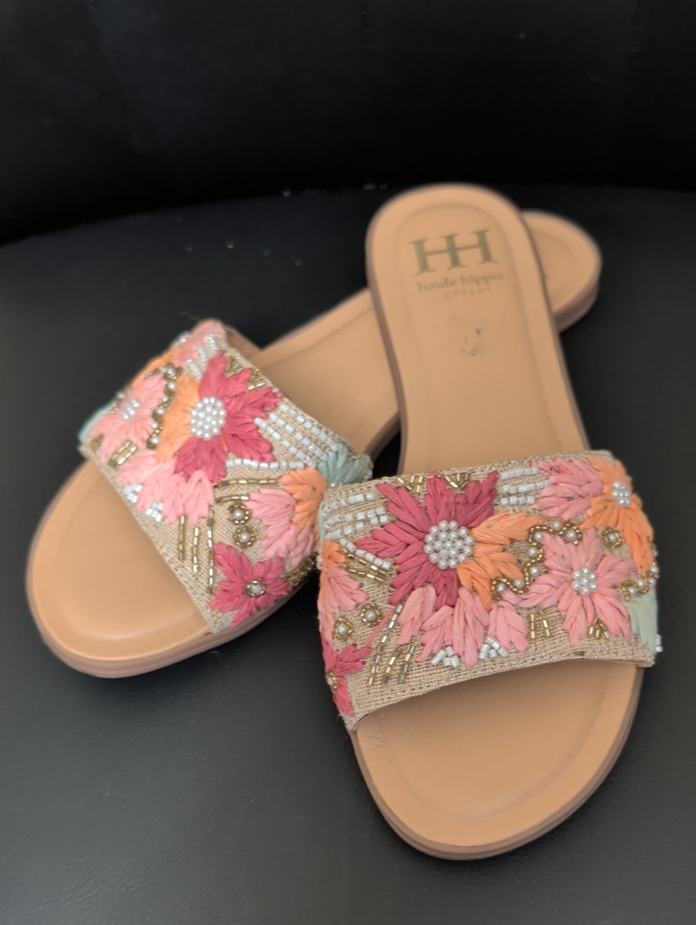 Haute Hippie Pink Peach Floral Beaded Slide Sandals